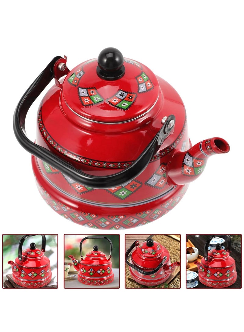 Vintage Enamel Teapot Stainless Steel Tea Kettle Camping Coffee Kettle Floral Hot Water Boiler Pot for Home Kitchen Red 1.1L - Image 5